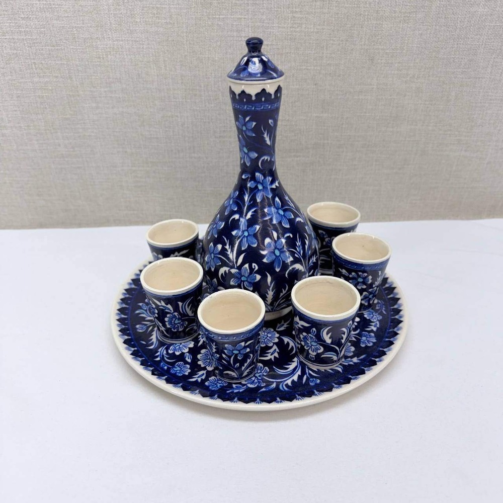 Kutahya Turkish Ceramic Decanter Set 8pc Blue White Floral Yildiz Cini Fb
